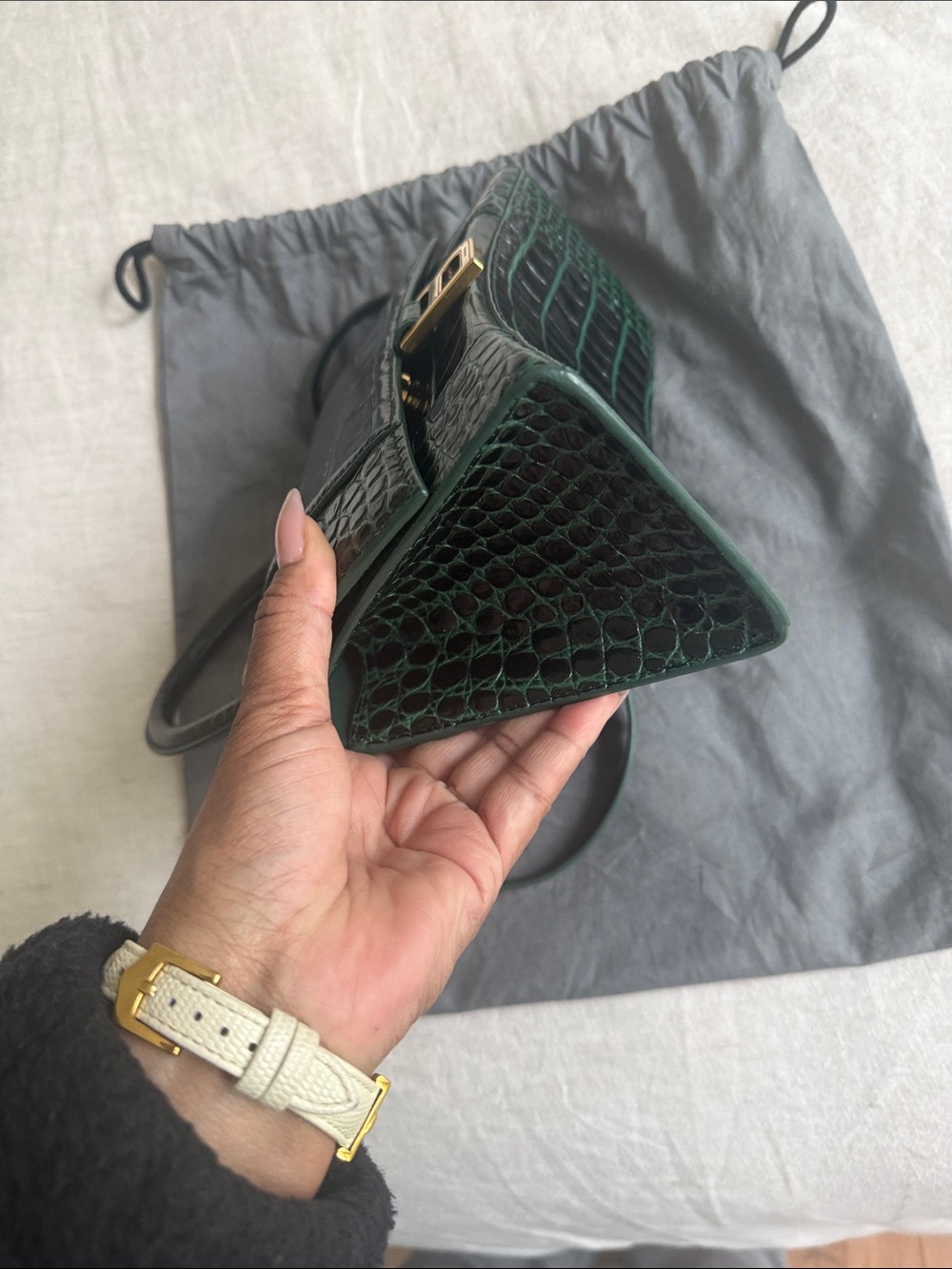 Balenciaga Green Croc-Embossed Hourglass Mini Top Handle Bag with Gold Hardware - Picture 5 of 7
